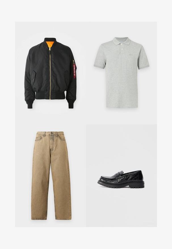 Veste bomber noire avec fermeture éclair dorée, poignets côtelés et doublure orange. Elle présente une poche latérale et une étiquette rouge de marque sur la manche.; Polo à manches courtes gris clair avec deux boutons blancs et un logo discrètement embossé sur le côté gauche de la poitrine.; Jeans en denim beige avec une coupe droite, dotés d'une fermeture éclair, de passants de ceinture et de surpiqûres contrastées. Pas de motifs ou détails métalliques notables.; Mocassin en cuir texturé crocodile noir avec semelle épaisse et bandeau sur le dessus, vue de côté, isolé sur fond gris clair.