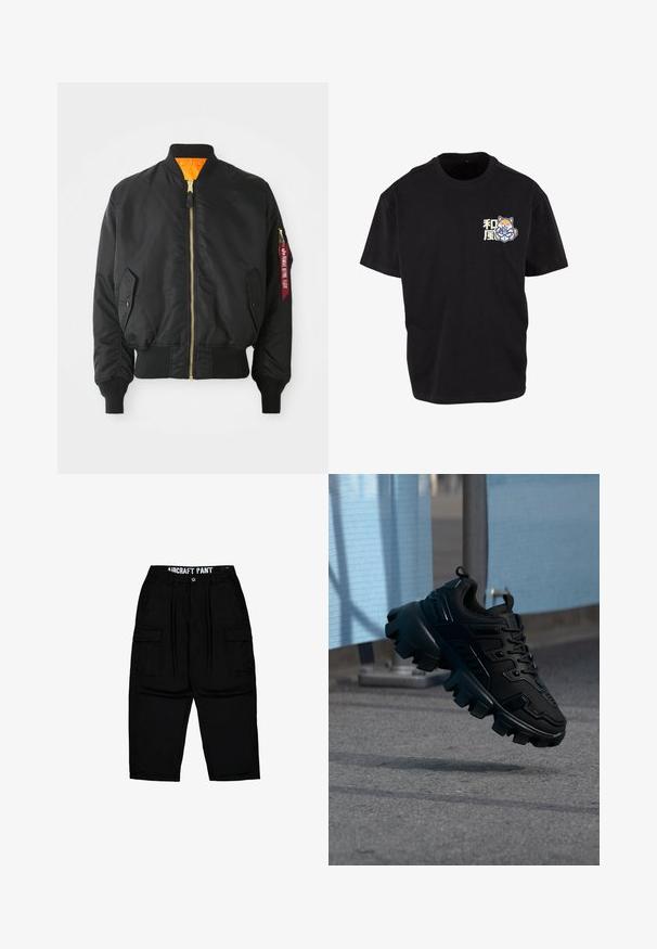Schwarze Bomberjacke mit goldenem Reißverschluss, gerippten Bündchen und orangefarbener Innenauskleidung. Verfügt über eine Seitentasche und ein markiertes rotes Etikett am Ärmel.; Schwarzes Baumwoll-T-Shirt mit einem zentralen Grafikdesign eines Fuchses, der ein Getränk hält, und mit hellen japanischen Schriftzeichen im Bereich der linken Brust.; Schwarze Cargo-Hose mit Gürtelschlaufen, Frontknopf, Reißverschluss, seitlichen Klappentaschen und dem Aufdruck "AIRCRAFT PANT" am inneren Bund.; Schwarzer klobiger Sneaker mit dicker Profilsohle, der über einem grauen Gehweg schwebt, vor einem verschwommenen hellblau-grauen Hintergrund.