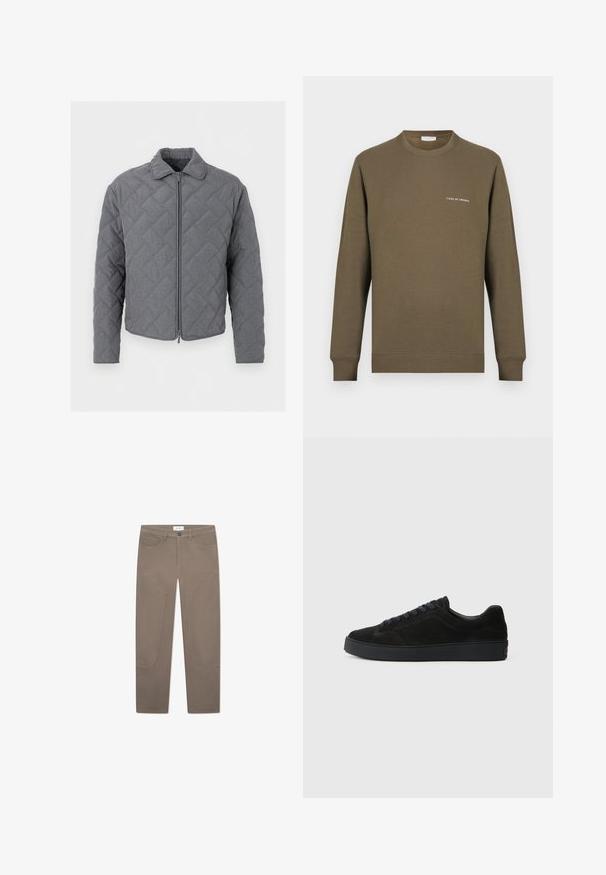 Grå quiltet jakke med lange ærmer, krave og lynlåslukning foran, vist på en ensfarvet hvid baggrund.; Olivengrøn sweatshirt lavet af bomuld med en glat tekstur, med rund hals, lange ærmer og hvid tekstlogo på brystet.; Brune bukser med lige snit, der har forlommer og accentuerende syninger langs siderne for ekstra detaljer og tekstur.; Sort semsket sneakers med en flad, tekstureret sål, rund tå, seks snørrehuller og et minimalistisk design.