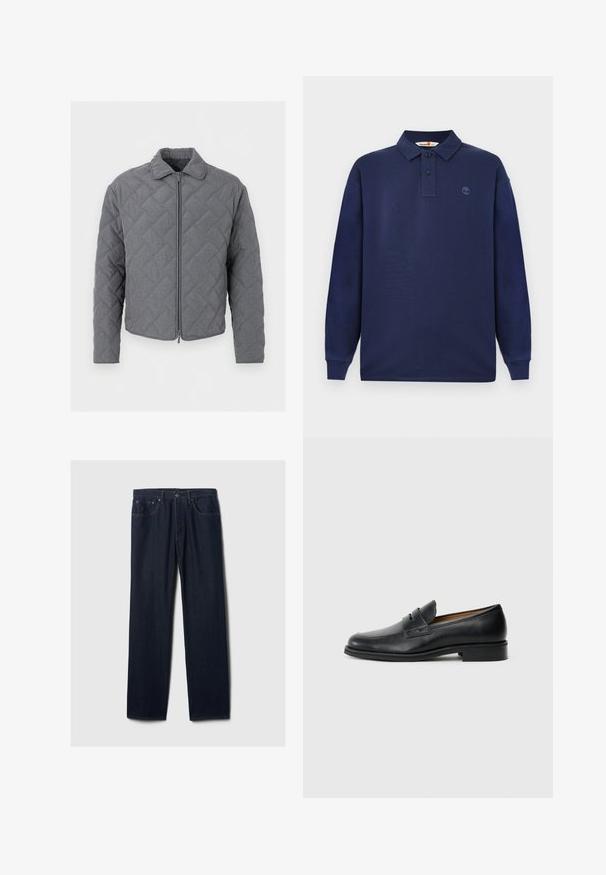 Grau gesteppte Jacke mit langen Ärmeln, einem Kragen und einem Reißverschluss vorne, dargestellt auf einem schlichten weißen Hintergrund.; Marineblaues Langarm-Polohemd aus Baumwolle, mit einer Knopfleiste mit drei Knöpfen und einem kleinen Logo auf der linken Brust. Glatte Textur.; Dunkelblaue gerade geschnittene Jeans aus Denim mit Fünf-Taschen-Design, Knopfverschluss und sichtbaren Nähten auf einem schlichten hellen Hintergrund.; Schwarze Lederloafer mit abgerundetem Zehenbereich, die über ein vorderes Riemen-Detail und einen niedrigen, stabilen Absatz verfügen. Glatte Textur und elegantes Design.
