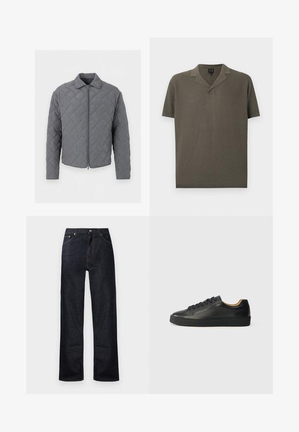 Chaqueta acolchada gris con mangas largas, cuello y cierre frontal de cremallera, mostrada sobre un fondo blanco liso.; Polo de punto de manga corta en verde oliva con un patrón texturizado y un cuello con tapeta de dos botones.; Jeans de mezclilla azul oscuro con diseño de pierna recta, cinco bolsillos y detalle de costura en color naranja. Cierre de botón metálico y cremallera.; Zapatilla negra de cuero de caña baja con superficie texturizada, cordones negros y suela de goma gruesa, mostrada de lado sobre un fondo claro.