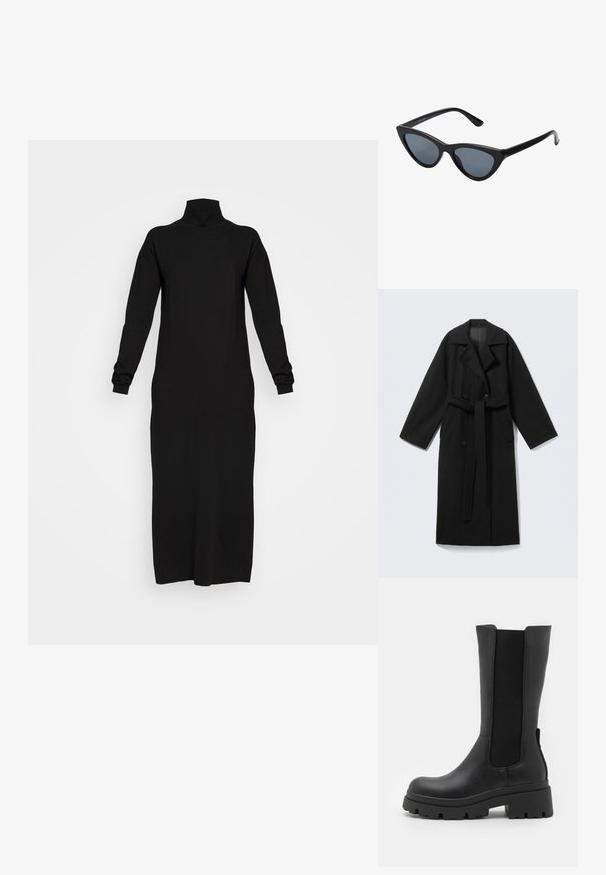 Manteau en mélange de laine noire avec un col à revers, manches longues, devant à double boutonnage, poches latérales et ceinture en tissu. Texture lisse.; Robe noire à manches longues et col roulé, en tissu doux, légèrement ajustée, atteignant mi-mollet, avec des poignets et un col côtelés.; ONLY SHOES ONLDOJA - Bottes à plateau - black; Lunettes de soleil noires en forme d'œil de chat avec des verres gris foncé, monture en plastique élégante, coins pointus et branches droites. Pas de métal visible ni d'accents.