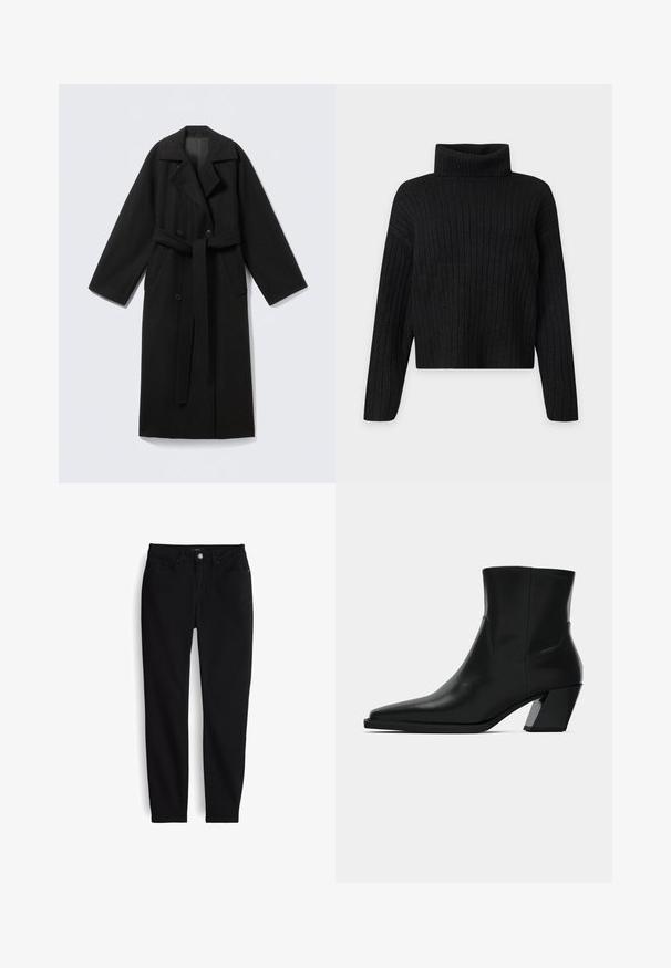 Manteau en mélange de laine noire avec un col à revers, manches longues, devant à double boutonnage, poches latérales et ceinture en tissu. Texture lisse.; Pull à col roulé en tricot côtelé noir avec manches longues et coupe légèrement raccourcie sur un fond clair uni.; Jean noir ajusté avec fermeture avant à boutons et zip, cinq poches, et passants pour ceinture, présenté à plat sur un fond blanc.; Bottine en cuir noir avec un bout pointu, une silhouette élégante et un talon carré massif. Texture lisse avec des détails de couture minimalistes.