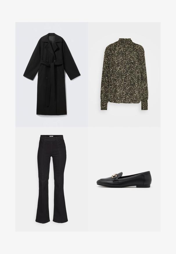 Sort uldblandet frakke med en nedlagt krave, lange ærmer, dobbeltradet front, sidelommer og et stofbælte. Glat tekstur.; Morgan OBOX - Bluse - multi-coloured; Sorte flared jeans lavet af denim, med høj talje, diskret front sømdetalje og et klassisk fem-lomme design.; Sorte læder loafers med flad sål, prydet med en dekorativ guld-tone spænde på forsiden og en let afrundet tå.