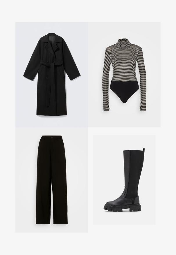 Sort uldblandet frakke med en nedlagt krave, lange ærmer, dobbeltradet front, sidelommer og et stofbælte. Glat tekstur.; Anna Field Langærmet T-shirt - black/beige; Sorte brede bukser lavet af glat stof, med en knaplukning i livet og en skræddersyet silhuet uden synlige mønstre.; Svarte knæhøje støvler med en glat læderforan og en tekstureret stofbag, med en kraftig sål med hak og en strop til nem påtagning.