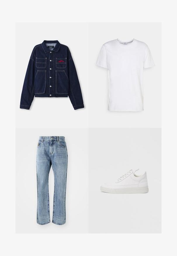 Donkerdenim jasje met een kraag, knopen aan de voorkant, twee borstzakken en een geborduurd logo in het rood. Heeft contrasterende gele stiksels.; Witte t-shirt met korte mouwen, gemaakt van katoen. Heeft een ronde halslijn en een comfortabele pasvorm zonder zichtbare patronen of accessoires.; Billionaire Boys Club CASINO PANT - Straight leg jeans - light wash blue; Witte leren sneaker met een afgeronde neus, platte zool en veters aan de voorkant. Voorzien van stikseldetails en een gevoerde kraag voor comfort.