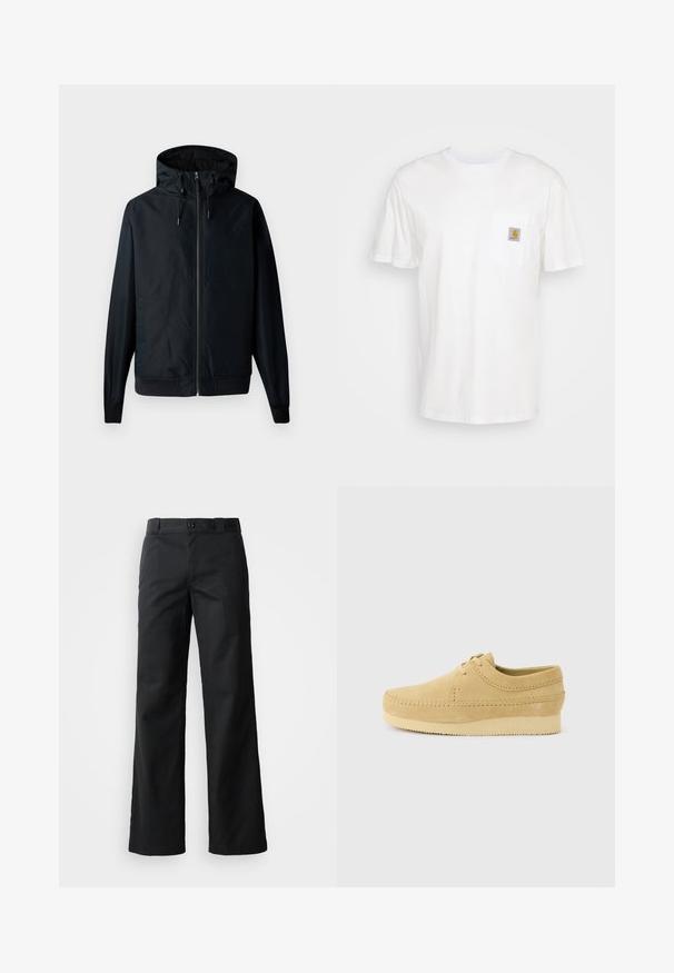 Sort jakke med lynlås foran og justerbar hætte. Har elastiske manchetter og to sidelommer. Glat, mat tekstur. Minimal branding.; Hvid bomulds T-shirt med korte ærmer, en brystlomme, og et lille firkantet logo patch i orange og hvid på lommen.; Sorte bredbuks i et glat stof. Har en knaplukning, bæltestropper og sidelommer. Ren, skræddersyet silhuet.; Beige ruskind fritidssko med mokassinsyning, snøredesign og tyk gummisål, vist fra siden på en lys baggrund.