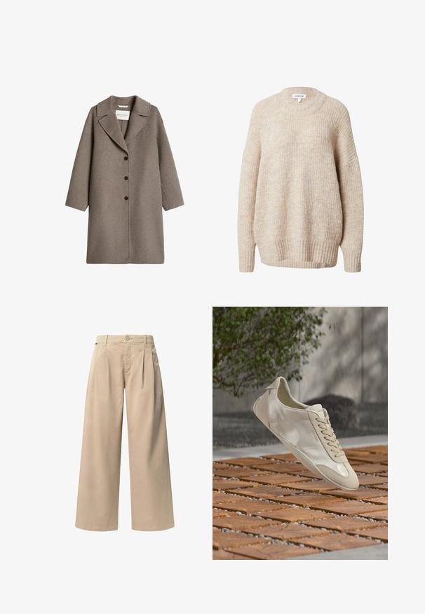 Long manteau en laine taupe avec un large col et trois boutons noirs sur le devant, présenté sur fond blanc.; Pull en tricot beige avec un col rond, des épaules tombantes et des poignets et un ourlet côtelés. Il offre une coupe légèrement ample et texturée.; Pantalons larges beiges avec deux plis sur le devant, une fermeture à bouton et une texture lisse. Conçus pour le confort et une coupe ample.; Baskets beige Calvin Klein flottant au-dessus d'une surface extérieure en bois et galets à motifs avec de la verdure et un mur en béton en arrière-plan.