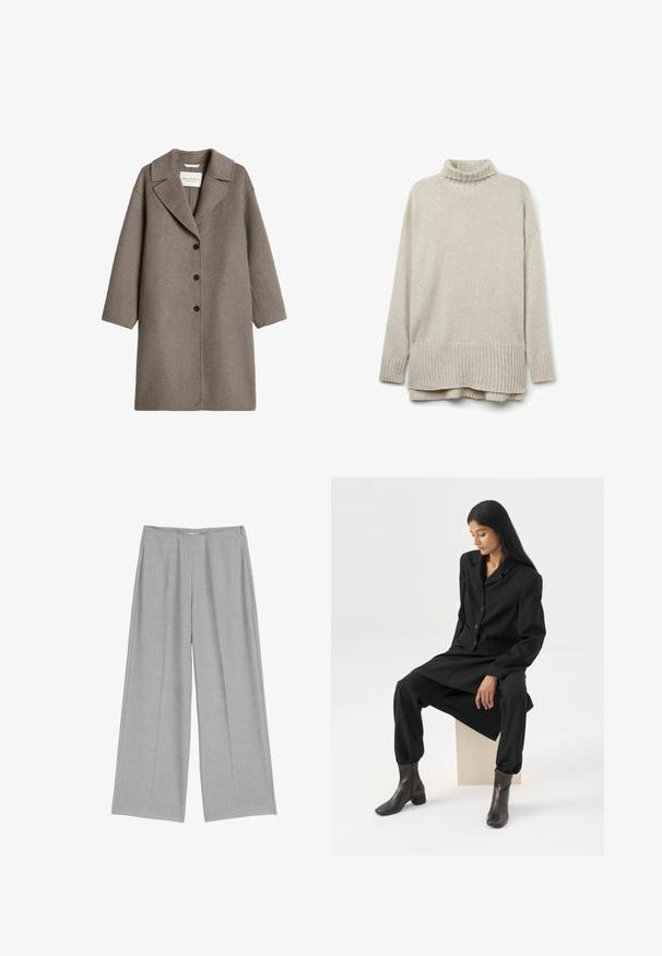 Langer taupefarbener Wollmantel mit breitem Kragen und drei schwarzen Knöpfen vorn, auf weißem Hintergrund dargestellt.; Beige Strickpullover mit einem Rippenkragen, langen Ärmeln und einem Saum mit diagonalen Rippen. Weicher Stoff und lockere Passform.; Helle graue, weit geschnittene Hose mit gefälteltem Vorderteil, ausgestattet mit einer glatten Textur und einem dezenten seitlichen Reißverschluss zum Schließen.; Frau mit langen dunklen Haaren sitzt, trägt einen lockeren schwarzen Blazer, passende weite Hosen und dunkle Stiefeletten vor einem schlichten weißen Hintergrund.