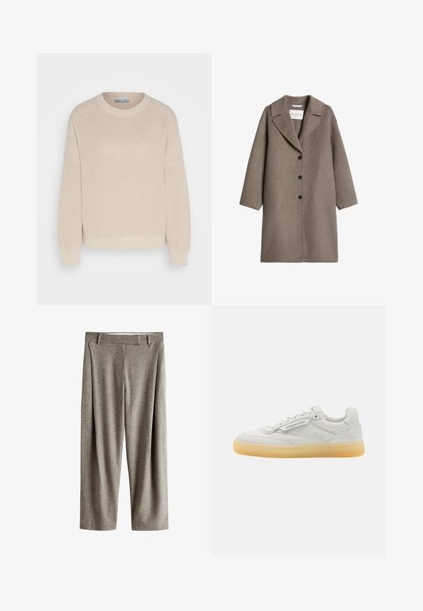 Long manteau en laine taupe avec un large col et trois boutons noirs sur le devant, présenté sur fond blanc.; Anna Field by Zalando Pullover - grey; Pantalon gris droit en mélange de laine avec passants de ceinture et plis devant, présenté sur fond blanc.; Basket blanche en cuir avec des accents perforés, bout rond et semelle en caoutchouc crème. Présente des coutures ton sur ton et un design minimaliste.