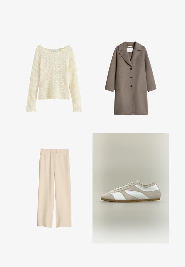 Long manteau en laine taupe avec un large col et trois boutons noirs sur le devant, présenté sur fond blanc.; Pull créme texturé à manches longues et à encolure large. Présente un motif tricoté et un ourlet festonné. Fabriqué en matériau doux.; Pantalon beige à jambe large et taille haute avec passants pour ceinture, poches avant et fermeture éclair devant, présenté sur un fond blanc.; Baskets basses avec empiècement en daim beige, panneaux en cuir blanc, lacets beiges et semelle en gomme, vues de profil sur fond neutre.