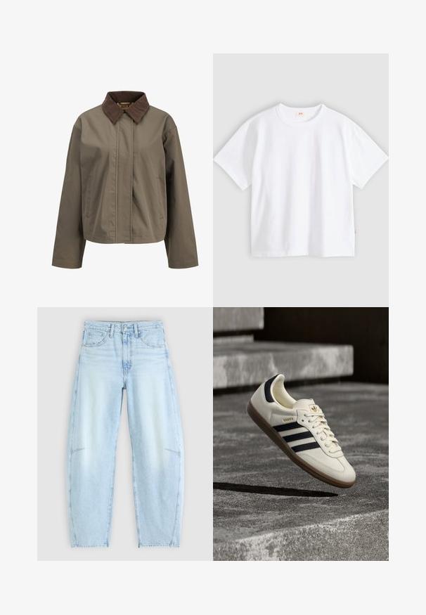 Bruine jas met een donkere corduroy kraag, lange mouwen, verborgen voorpand sluiting en zijzakken, getoond op een witte achtergrond.; Wit katoenen t-shirt met korte mouwen, ronde hals, losse pasvorm, gladde textuur en een klein logolabel aan de linker zijnnaad.; Lichtblauwe denimjeans met een ontspannen pasvorm, voorzien van een hoge taille, vijf-pocketontwerp en subtiele vervaging met rafelige zoomdetails.; Witte Adidas Samba sneaker met zwarte strepen en gumzool, zwevend boven gestructureerde grijze betonnen treden.