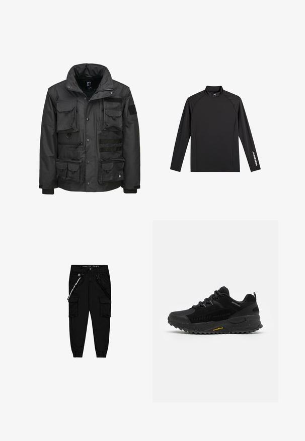 Veste utilitaire noire dotée de plusieurs poches, d'un col haut, d'une fermeture éclair et de poignets ajustables. Fabriquée en matériau durable et résistant aux intempéries.; Haut de sport noir à manches longues avec col montant, coupe ajustée, et logo blanc "J.Lindeberg" sur la manche gauche et le col.; Pantalons cargo noirs en tissu léger, dotés de deux poches latérales, d'une taille élastique et de poignets ajustables.; Chaussure de sport noire dotée d'un upper en mesh et en synthétique, d'une semelle en caoutchouc texturé, d'accents déperlant et de détails réfléchissants.