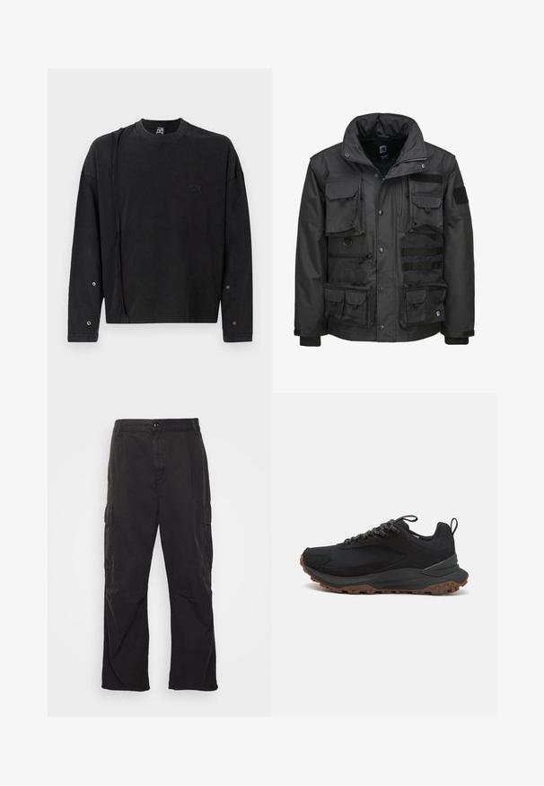 Schwarze Utility-Jacke mit mehreren Taschen, hohem Kragen, Reißverschluss und verstellbaren Bündchen. Hergestellt aus strapazierfähigem, wetterfestem Material.; Schwarzer Pullover mit langen Ärmeln und Rundhalsausschnitt, mit einem dezenten Logo auf der Vorderseite und Druckknopfdetails an den Ärmeln, aus weichem Stoff gefertigt.; Schwarze Cargo-Hose mit geradem Bein, ausgestattet mit zwei Seitentaschen, einem Knopfverschluss und einem strukturierten Stoff.; Schwarzer Sportschuh mit einem Obermaterial aus Mesh und Wildleder, Gummisohle, strukturierten Einsätzen und kontrastierenden braunen Traktionsnoppen. Verfügt über reflektierende Akzente.