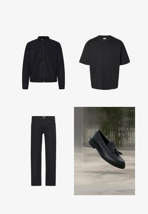 Schwarze Herrenjacke mit Stehkragen, Frontreißverschluss und Seitentaschen, aus wildlederähnlichem Stoff gefertigt.; Schwarzes T-Shirt mit kurzen Ärmeln und Rundhalsausschnitt, locker geschnitten und mit sichtbarem weißem Etikett im Kragen.; Schwarze gerade Jeans aus Denim mit einem Knopfverschluss am Bund, fünf Taschen und einem minimalistischen Design ohne sichtbare Muster.; Schwarze Leder-Loafer mit glatter Textur, gerundeter Zehenpartie und dekorativen Quasten vorne. Flexible Gummisohle mit niedrigem Absatz.