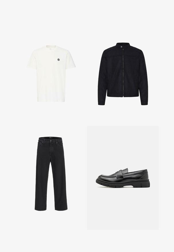 Veste pour hommes noire avec col montant, fermeture à glissière frontale et poches latérales, fabriquée en tissu imitation suède.; T-shirt blanc à manches courtes en coton, arborant un petit logo géométrique noir sur la poitrine gauche. Coupe droite et col rond.; Jean en denim noir à jambe droite avec fermeture à bouton et à zip, passants de ceinture, et poches avant et arrière.; Mocassin en cuir noir avec une large sangle sur le devant, semelle en caoutchouc à épaisse rainure, et texture lisse. Design classique et élégant.