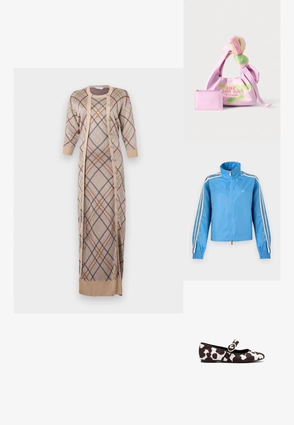 Blaues Sportjacke mit Reißverschluss und hohem Kragen, weißen und schwarzen Streifen an den Ärmeln, elastischen Bündchen und einem kleinen weißen Logo auf der Brust.; Rabanne Maxikleid - beige; Ballettflats aus weißen und braunen Kuhfell mit rundem Zehenbereich und einem Riemen mit einer runden Schnallendetail. Flache Sohle.; Weiche rosa-grüne Batikstoff-Handtasche mit geknotetem Henkel und passender kleiner rosa Leder-Reißverschlusstasche daneben.