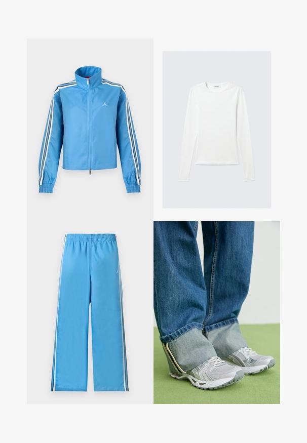 Modrá športová bunda na zips s vysokým golierom, bielymi a čiernymi pásmi pozdĺž rukávov, elastickými manžetami a malým bielym logom na hrudi.; Biele jednofarebné tričko s dlhým rukávom a okrúhlym výstrihom s priliehavým strihom, zobrazené na svetlosivom pozadí.; Svetlomodré športové nohavice s bielymi a tmavomodrými bočnými pruhmi a elastickým pásom, položené na svetlom pozadí.; Šedé športové topánky z priedušného materiálu s bielymi akcentmi, v kombinácii s modrými rifľovými nohavicami, ktoré sú na členkoch ohnuté.
