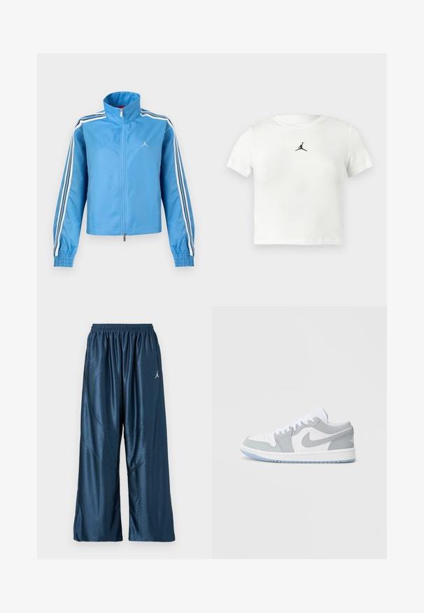 Blå sportsjakke med lynlås og høj krave, hvide og sorte striber langs ærmerne, elastiske manchetter og et lille hvidt logo på brystet.; Hvid bomulds cropped t-shirt med et sort Jumpman-logo i midten. Korte ærmer og en rund halsudskæring med en glat overflade.; Marineblå sportsbukser med en løs pasform, lavet af skinnende, glat stof. Har en elastisk talje og et hvidt logo på siden.; Nike-sneakers med en blanding af gråt og hvidt læder, perforeret tå, snørebånd og en lys blå ydersål med logodetaljer.