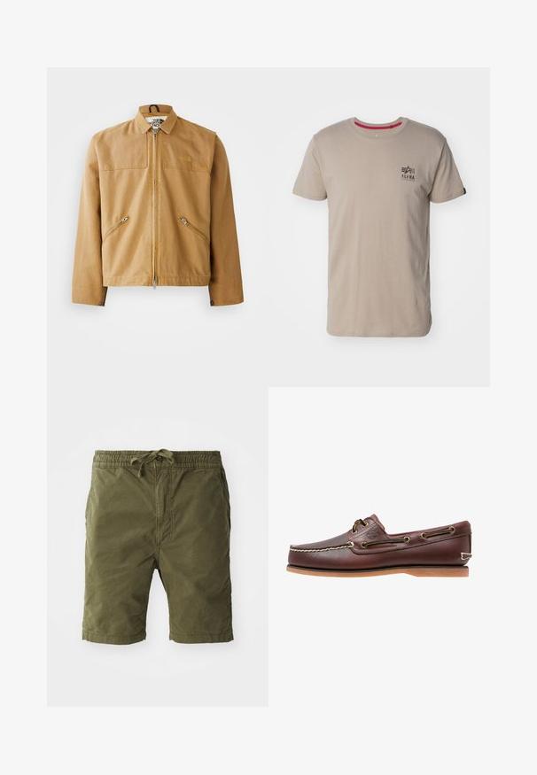 Veste brune à fermeture éclair sur le devant, avec un col, deux poches latérales en biais et un logo sur la poitrine gauche. Fabriquée en tissu lisse et résistant.; T-shirt en coton beige avec un col rond et des manches courtes. Les accents notables comprennent un logo noir sur la poitrine et un col intérieur rouge.; Shorts vert olive en tissu doux et texturé. Présentent une taille élastique avec cordon de serrage et des poches latérales.; Chaussure bateau en cuir marron avec coutures blanches, détails de lacets et semelle en caoutchouc beige, vue de côté sur fond blanc.