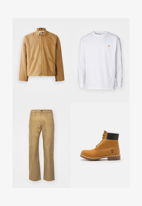 Bruine, ritssluitende jas met een kraag, twee schuine zijzakken en een logo op de linkerborst. Gemaakt van glad, duurzaam materiaal.; Witte lange mouwen t-shirt van katoen. Voorzien van een klein gouden logo op de borst en een ronde hals. Eenvoudig ontwerp en standaard pasvorm.; Khaki broek van katoen. Rechte pasvorm met een tailleband en voorzakken. Heeft een enkele achterzak en subtiele stikdetails.; Bruine leren enkellaars met metalen oogjes, witte faux bont voering, zwarte gewatteerde kraag, robuuste zool en een reliëflogo aan de zijkant.