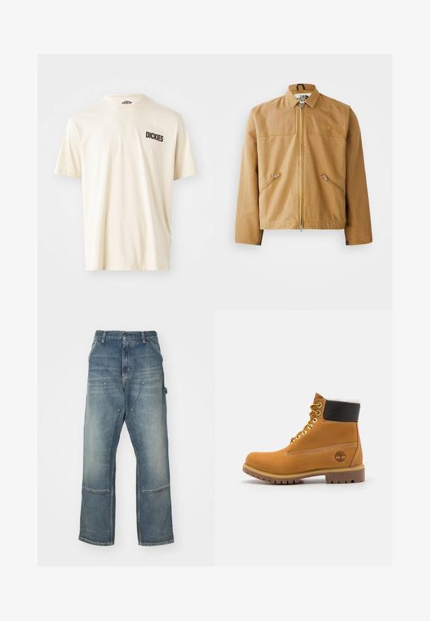 Chaqueta marrón con cremallera en el frente, con cuello, dos bolsillos laterales en ángulo y un logo en el lado izquierdo del pecho. Fabricada con un tejido suave y duradero.; Camiseta de algodón color beige claro con mangas cortas y escote redondo. Presenta un texto de logotipo en color marrón oscuro "DICKIES" en la zona del lado izquierdo del pecho.; Vaqueros de mezclilla de color azul claro con un corte relajado. Presentan piernas anchas, grandes bolsillos frontales y detalles de costura en contraste.; Botín de cuero marrón con ojales de metal, forro de piel sintética blanca, cuello acolchado negro, suela resistente y logotipo en relieve en el costado.