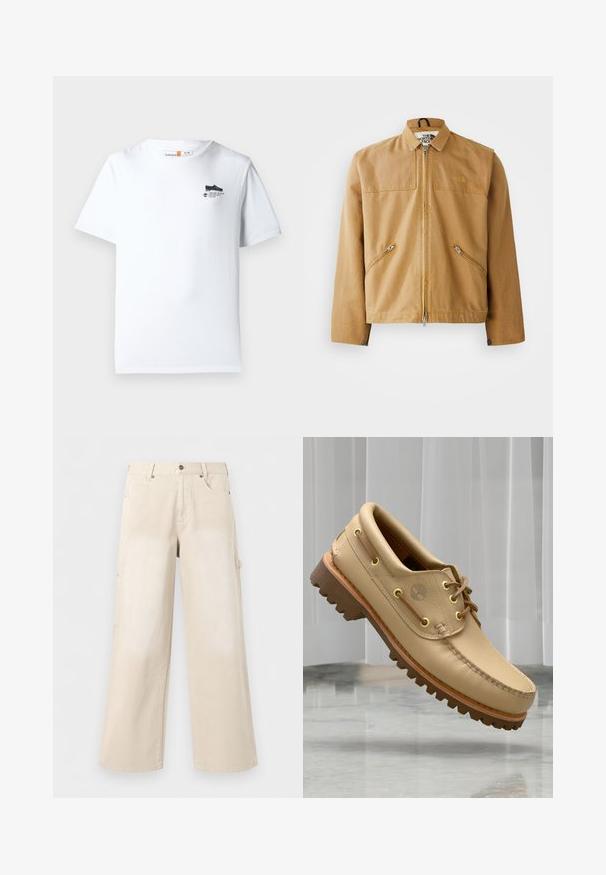 Chaqueta marrón con cremallera en el frente, con cuello, dos bolsillos laterales en ángulo y un logo en el lado izquierdo del pecho. Fabricada con un tejido suave y duradero.; Camiseta de algodón blanca con cuello redondo, mangas cortas y un pequeño gráfico negro en el pecho. Textura suave y corte estándar.; Pantalones beige de pierna ancha con bolsillos delanteros, cierre de botón y trabillas para cinturón, mostrados sobre un fondo blanco liso.; Zapato náutico de cuero marrón claro con suela gruesa y estriada y detalles de cordones, flotando sobre un suelo de mármol y un fondo de persianas verticales blancas.