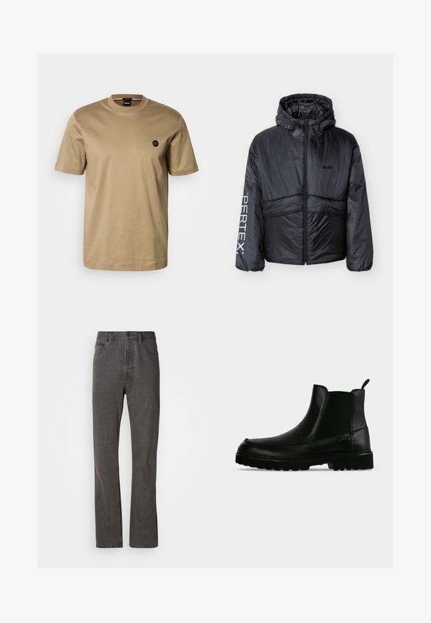 Doudoune noire avec capuche, fermeture éclair à l'avant, logo "HUGO" sur la poitrine et inscription "PERTEX" sur la manche gauche, présentée sur fond blanc.; T-shirt à manches courtes couleur fauve, en coton, avec un col rond et un petit logo noir sur la poitrine gauche. Texture lisse, coupe décontractée.; Jeans en denim gris avec une coupe droite, dotés de poches avant, d'une fermeture à bouton et d'une texture subtile.; Bottine noire en cuir avec semelle texturée, panneaux latéraux élastiques et languette de tirage sur fond gris clair.