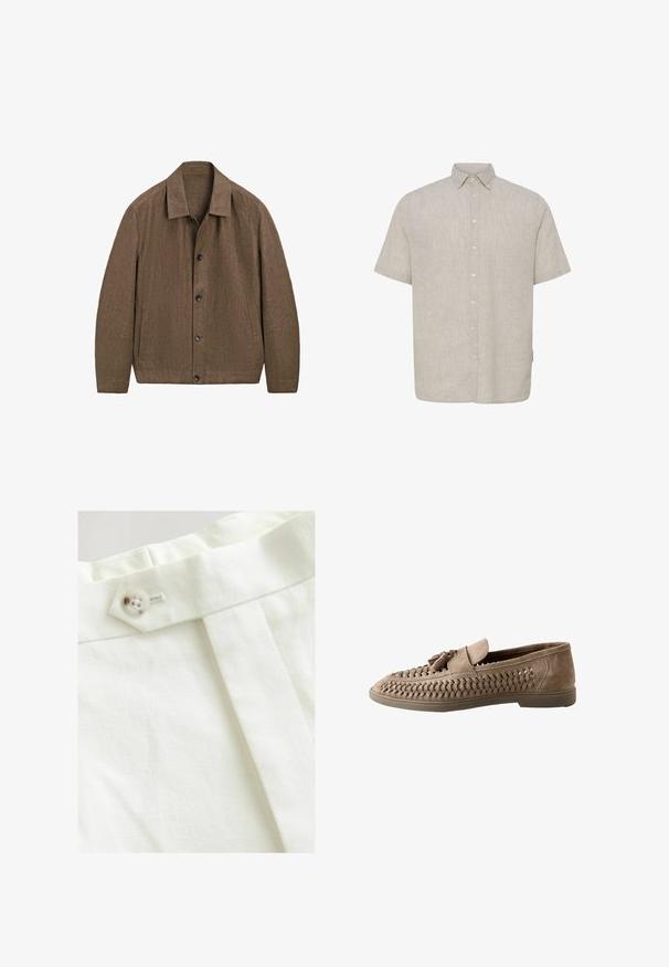 Brun skjortejakke med krave, lange ærmer og to sidelommer, lavet af tekstureret stof.; Beige kortærmet linnedskjorte med knapper foran og klassisk krave, vist på en ensfarvet hvid baggrund.; Hvidt stof med en glat tekstur, der har en enkelt knaplukning, et plisseret design og pæne syninger.; Brun ruskindslædersko med flettede sider, kvastdetalje på toppen og flad gummisål.