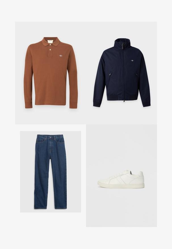 Veste légère bleu marine avec fermeture éclair devant, col montant, poches latérales zippées, poignets élastiques et petit logo sur la poitrine côté gauche.; Polo marron à manches longues en coton avec une patte de boutonnage à trois boutons et un logo brodé sur la poitrine. Texture lisse.; Jean en denim bleu foncé avec une coupe droite, comprenant un design à cinq poches, un bouton supérieur et des rivets en cuivre.; Baskets blanches en cuir montantes basses avec fermeture à lacets et semelle en caoutchouc plate, vues du côté intérieur sur un fond uni.