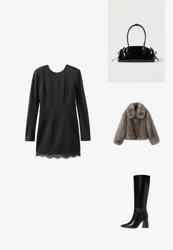 Veste en fausse fourrure grise avec un large col, une coupe courte et des manches longues. La texture est duveteuse, affichant une apparence dense et douce.; Robe noire à manches longues avec un col rond, présentant un corsage ajusté et une bordure en dentelle sur l'ourlet, en tissu lisse avec un fini mat.; Bottes en cuir noir arrivant au genou, avec un bout pointu, une texture lisse et un talon épais et cranté pour la stabilité. Design élégant avec des accents minimalistes.; Petit sac à main noir brillant avec deux longues anses et des détails à cordon sur les côtés sur un fond clair uni.