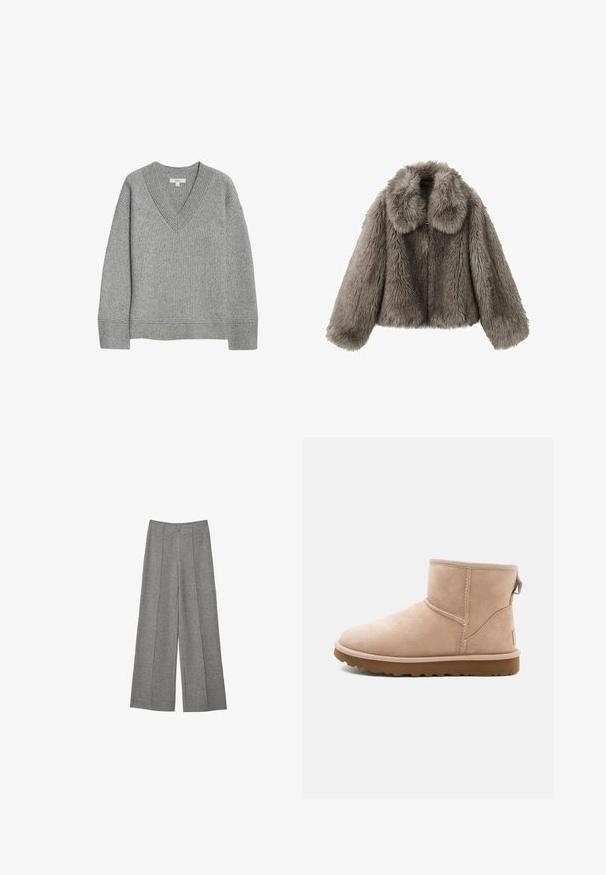 Veste en fausse fourrure grise avec un large col, une coupe courte et des manches longues. La texture est duveteuse, affichant une apparence dense et douce.; Pull gris à côtes avec un col en V, manches longues et ourlet droit. Fabriqué en matériau doux, avec une texture et des détails subtils.; Pantalons gris à jambe large en tissu texturé. Présente des plis sur le devant, une ceinture et aucun fermoir visible.; Bottine en daim beige à bout arrondi, avec des accents cousus et une semelle en caoutchouc brun texturé. Elle se distingue par une languette à l'arrière.