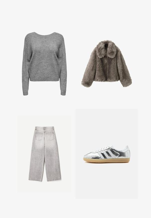 Fuskepelsjakke i grå med stor krave, kort design og lange ærmer. Teksturen er fluffy og viser et tæt, blødt udseende.; Blød grå strikket sweater med lange ærmer, rund halsudskæring og ribbede manchetter og kant, vist forfra på en hvid baggrund.; Lysegrå viddebukser med høj talje og to baglommer, vist bagfra på en ensartet hvid baggrund.; Lav top sneaker med sølvmetalisk slangeskind tekstur, hvide striber, hvide snørebånd og lys gummisål på hvid baggrund.