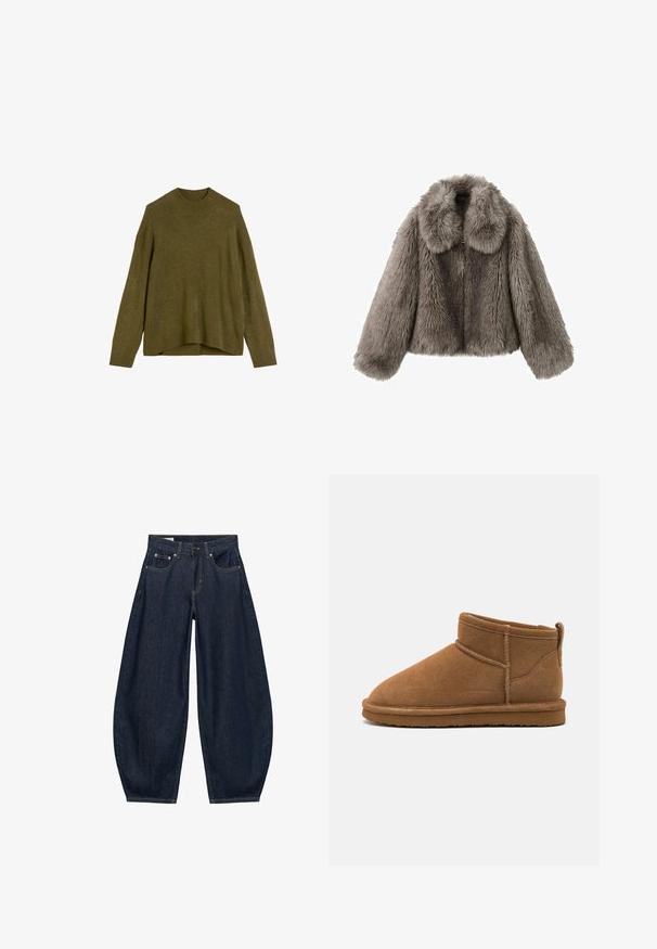 Fuskepelsjakke i grå med stor krave, kort design og lange ærmer. Teksturen er fluffy og viser et tæt, blødt udseende.; Olivengrøn strikketrøje med ribbet rund hals, drop shoulder-ærmer og en løs pasform. Kantene er lidt længere bagtil.; Mørkeblå vidde jeans med frontlommer, bæltestropper og knaplukning i taljen.; Brune ruskind ankelstøvler med rund tå, kort skaft og bagpå trækflap. Udviklet med kontrastsyninger og en flad gummisål.