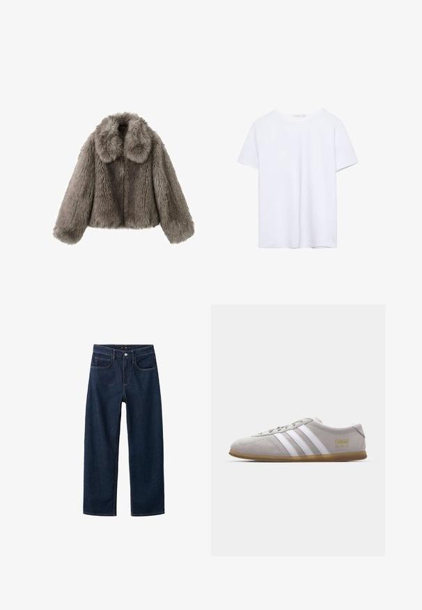 Fuskepelsjakke i grå med stor krave, kort design og lange ærmer. Teksturen er fluffy og viser et tæt, blødt udseende.; Simpel hvid kortærmet t-shirt med rund hals og lige kant, præsenteret på en hvid baggrund.; Mørkeblå denim jeans med et lige ben-design, der har en klassisk fem-pockets stil, synlig syning og en knaplukning i taljen.; Grå suedestøvle med hvide læderstriber og guldlogo-detalje. Flad gummisål, rund tå og klassisk snølukkedesign.