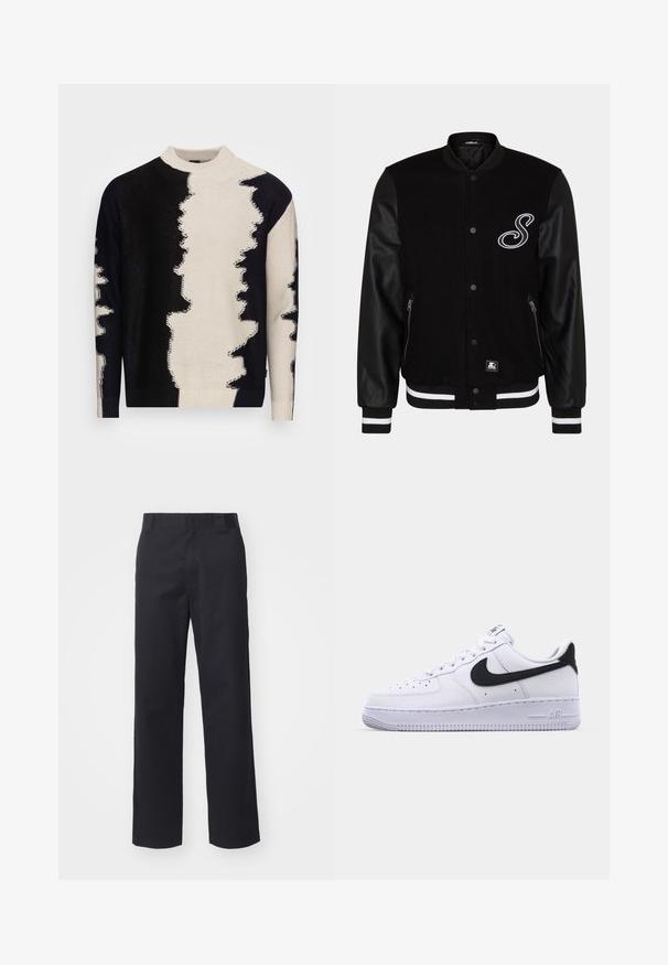 Veste de varsity noire avec un corps en laine et des manches en cuir. Présente une lettre brodée blanche, des poches zippées sur les côtés et des poignets en maille rayée.; Pull en tricot avec un col haut, motif abstrait noir et blanc audacieux, tissu texturé et bords côtelés au niveau des poignets et de l'ourlet.; Pantalons droits noirs en tissu en mélange de coton. Présentent une taille plate avec passants de ceinture et sans matériel ou embellissements visibles.; Sneaker en cuir blanc avec un Swoosh noir texturé, des lacets plats et une semelle en caoutchouc avec un motif strié. "AIR" est embossé sur le talon.