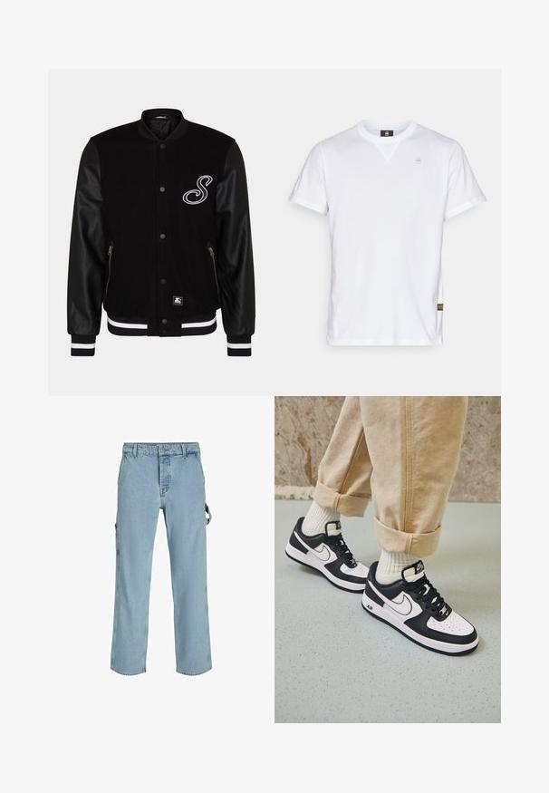 Schwarze Collegejacke mit Wollkörper und Lederärmeln. Ausstattung mit einem weißen gestickten Buchstaben, seitlichen Reißverschlusstaschen und gestreiften Rippbündchen.; Weißes Baumwoll-T-Shirt mit kurzen Ärmeln, Rundhalsausschnitt und einem kleinen Logo auf der Brust. Mit einem seitlichen Etikett zur Markenidentifikation.; Hellblaue Denim-Cargo-Hosen mit entspannter Passform, ausgestattet mit seitlichen Befestigungsschlaufen und Fronttaschen, die eine ausgewaschene Textur aufweisen.; Schwarz-weiße Nike Air Force 1 Sneaker mit einem Obermaterial aus Leder, perforierter Zehenpartie und strukturiertem Sohlendesign, getragen mit aufgerollten beigen Hosen und weißen Socken.