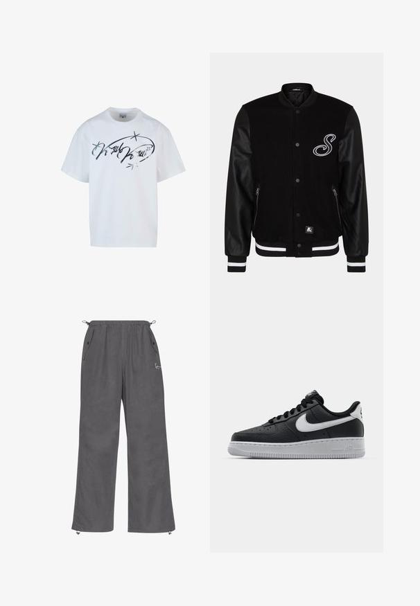 Sort varsity-jakke med uld-krop og læderærmer. Har et hvidt broderet bogstav, sidelommer med lynlås og stribede ribbede manchetter.; Hvid bomulds t-shirt med sølvfarvet skriftprint og stjerner. Løstsiddende med korte ærmer og rund halsudskæring.; Grå, brede bukser lavet af blød stof. Har en elastisk talje, sidelommer og lynlåse ved anklerne. Enkelt design med minimal detaljer.; Sort lædersneaker med tekstureret overflade, hvid Nike swoosh, grå sål, rund tå og snørebåndsdesign. Har perforeringer på tåboksen.