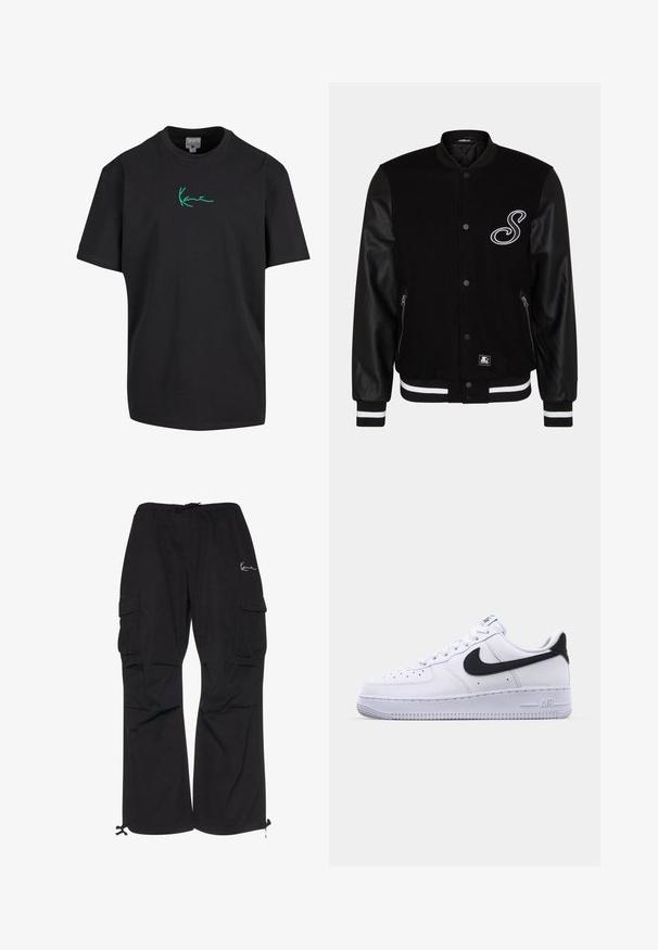 Sort varsity-jakke med uld-krop og læderærmer. Har et hvidt broderet bogstav, sidelommer med lynlås og stribede ribbede manchetter.; Sort bomulds T-shirt med korte ærmer og rund hals. Har grøn "Kanye" signatur grafik foran. Ensfarvet bagpå og afslappet pasform.; Sorte cargobukser lavet af letvægtsstof, med elastisk talje med snøre, sidelommer og justerbare manchetter.; Hvide lædersneakers med en struktureret sort Swoosh, flade snørebånd og en gummisål med et rillemønster. "AIR" er præget på hælen.