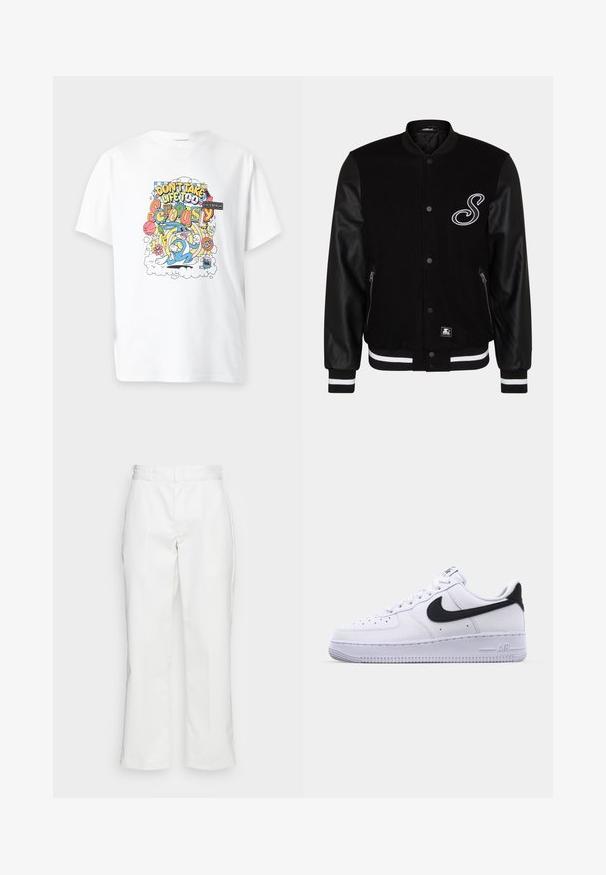 Veste de varsity noire avec un corps en laine et des manches en cuir. Présente une lettre brodée blanche, des poches zippées sur les côtés et des poignets en maille rayée.; T-shirt blanc avec un design cartoon coloré montrant Bugs Bunny et le texte « Don’t take life too seriously » entouré d’objets ludiques.; Pantalons en coton blanc avec une coupe droite, passants de ceinture et poches latérales, possédant une texture lisse et un design minimaliste.; Sneaker en cuir blanc avec un Swoosh noir texturé, des lacets plats et une semelle en caoutchouc avec un motif strié. "AIR" est embossé sur le talon.