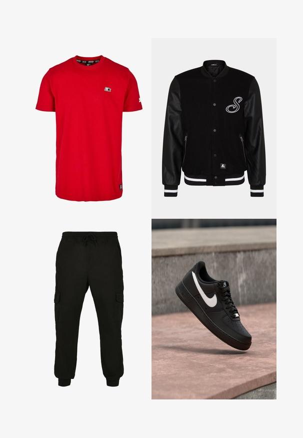 Zwarte varsity jacket met een wollichaam en leren mouwen. Heeft een witte geborduurde letter, zijritszakken en gestreepte ribgebreide manchetten.; Rode katoenen t-shirt met een ronde hals, korte mouwen en een klein zwart logo op de linkerborst en mouw. Glad, effen kleurstof.; Zwarte cargobroek gemaakt van zachte stof, met een elastische tailleband met trekkoord, zijzakken en taps toelopende boorden.; Zwarte Nike Air Force 1 sneaker met wit swoosh-logo zwevend boven een stenen oppervlak en een grijze, getextureerde muur op de achtergrond.