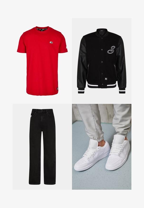 Chaqueta varsity negra con cuerpo de lana y mangas de cuero. Presenta una letra bordada blanca, bolsillos laterales con cremallera y puños acanalados a rayas.; Camisa de algodón roja con cuello redondo, mangas cortas y un pequeño logo negro en el lado izquierdo del pecho y en la manga. Tejido de color sólido y suave.; Vaqueros de mezclilla negra con corte recto, que cuentan con bolsillos delanteros, cierre de botón y una pequeña etiqueta con el logo en la cintura.; Las zapatillas deportivas de cuero blanco cuentan con una caja de dedos perforada, cordones planos, un cuello acolchado y el logo de Jordan en la lengüeta. Las llevan puestas con pantalones joggers grises.