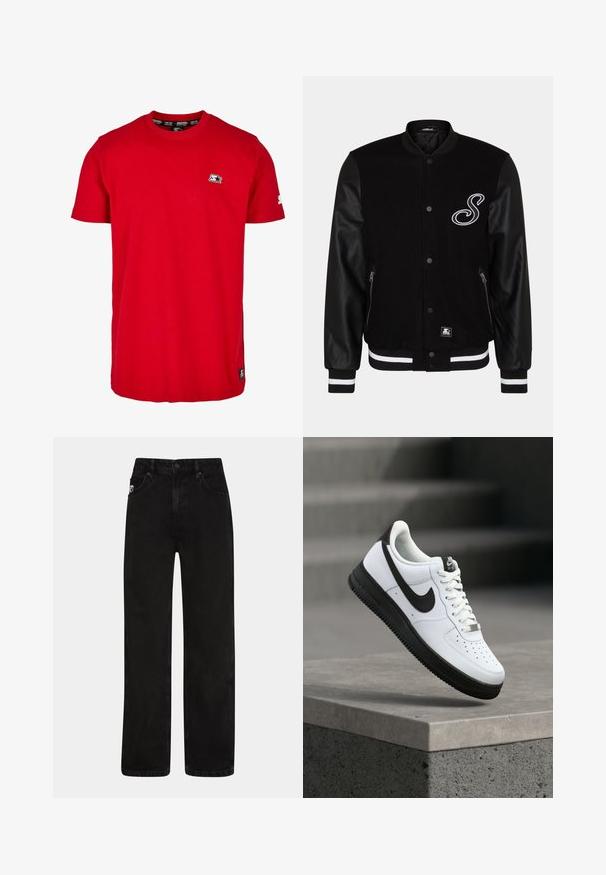 Schwarze Collegejacke mit Wollkörper und Lederärmeln. Ausstattung mit einem weißen gestickten Buchstaben, seitlichen Reißverschlusstaschen und gestreiften Rippbündchen.; Rotes Baumwoll-T-Shirt mit Rundhalsausschnitt, kurzen Ärmeln und einem kleinen schwarzen Logo auf der linken Brust und dem Ärmel. Glatte, einfarbige Stoffqualität.; Schwarze Denim-Jeans mit geradem Schnitt, ausgestattet mit frontalen Taschen, einem Knopfverschluss und einem dezenten Logo-Patch am Bund.; Weißer Ledersneaker mit schwarzen Akzenten, abgerundetem Zehenbereich und perforierten Details. Schwarze Gummisohle mit strukturiertem Muster und Schnürverschluss.