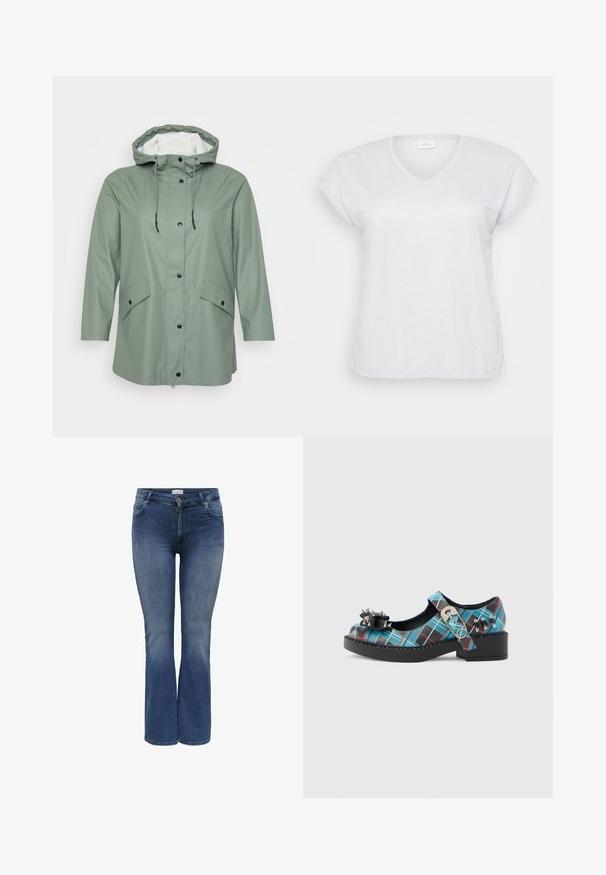 Waterdichte groene regenjas met een capuchon, voorzien van een witte binnenkant, twee grote voorzakken en zwarte drukknoopjes. Gladde textuur.; Witte korte mouwen V-hals T-shirt met een subtiele glanstextuur, met een ontspannen pasvorm en zonder zichtbare patronen of accenten.; Denim flare jeans in medium blauw met een gladde textuur, voorzien van zijzakken en een ritssluiting. Subtiele whisker-details.; Mary Jane-stijl schoen met een blauw ruitpatroon, zwarte accenten, een lage blokhak en decoratieve spikes. Verstelbare band met gespsluiting.