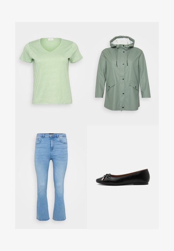 Vandtæt grøn regnfrakke med hætte, der har en hvid inderside, to store forlommer og sorte trykknapper. Glat tekstur.; Lys grøn, kortærmet V-hals T-shirt lavet af et blødt, let skinnende stof med et enkelt og rent design.; Lyseblå flagrende jeans i denim af bomuld. Features høj talje, fem lommer og synlige sømme langs sømme og kant.; Sort læder balletflat med rund tå, lille sløjfe med guldtippede ender og en lav flad hæl på en grå baggrund.