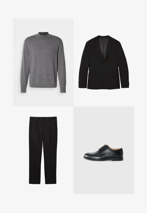 Sort to-knaps herreblazer med notched revers, klaplommer og knapforseglede manchetter, vist fladt med indvendig foer synligt.; Grå langærmet sweater lavet af strikket materiale, med en høj hals og et subtilt logo på brystet. Glat tekstur og tætsiddende design.; Sorte herre formelle bukser med forlommer, bæltestropper, knaplukning og lige ben.; Calvin Klein ESS DERBY - Snøresko - triple black