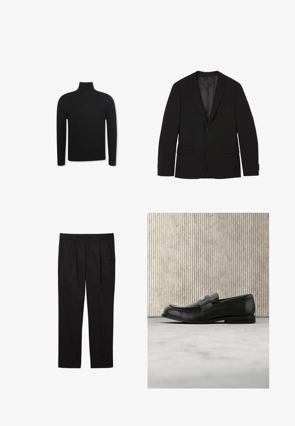 Blazer negro de hombre con dos botones, solapas con muesca, bolsillos con tapa y puños con botones, mostrado plano con el forro interior visible.; Jersey negro de cuello alto y manga larga con un ajuste entallado y un logo sutil en la zona izquierda del pecho, mostrado sobre fondo blanco.; Pantalones formales negros de hombre con bolsillos delanteros, trabillas para cinturón, cierre de botón y diseño de pierna recta.; Mocasín de cuero negro con una placa metálica de marca apoyado cerca de una mesa redonda marrón sobre un suelo alfombrado beige.