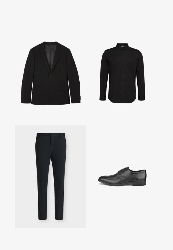 Blazer homme noir à deux boutons avec revers crantés, poches à rabat et poignets boutonnés, présenté à plat avec la doublure intérieure visible.; Chemise noire à manches longues en tissu lisse, avec un col pointu, une fermeture boutonnée à l'avant et un petit logo sur la poitrine.; Pantalon de costume noir coupe slim avec passants pour ceinture, fermeture éclair à l’avant et sans poches visibles, présenté sur un fond blanc uni.; Chaussure habillée pour homme en cuir noir avec lacets, talon bas et finition lisse et brillante, vue du côté extérieur.