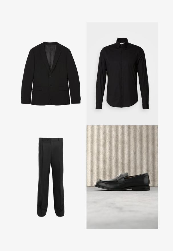 Blazer negro de hombre con dos botones, solapas con muesca, bolsillos con tapa y puños con botones, mostrado plano con el forro interior visible.; Camisa negra de manga larga hecha de tela suave. Presenta un cuello clásico, una botonera y un dobladillo recto. Sin patrones ni acentos presentes.; Pantalones negros con un diseño de pierna recta, que presentan pliegues, un cierre de un solo botón y trabillas para cinturón. Fabricados con una tela suave.; Mocasín de cuero negro con una placa metálica de marca apoyado cerca de una mesa redonda marrón sobre un suelo alfombrado beige.