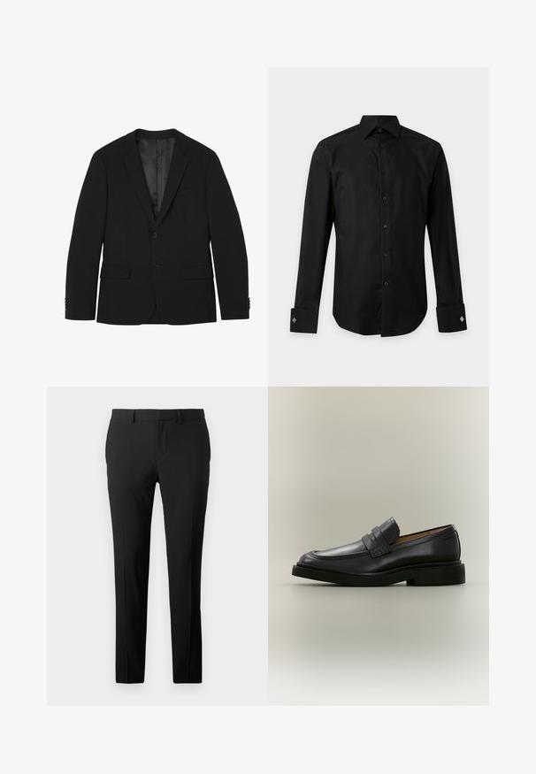 Blazer negro de hombre con dos botones, solapas con muesca, bolsillos con tapa y puños con botones, mostrado plano con el forro interior visible.; Camisa de vestir negra de manga larga con botón delantero, cuello ancho y puños franceses con gemelos cuadrados sobre un fondo gris claro.; Pantalones negros a medida en una tela suave. Presentan un diseño de pierna recta, pliegues frontales y trabillas para cinturón para un tamaño ajustable.; Mocasín de hombre de cuero negro con tacón bajo y detalle de correa en la parte superior, mostrado de perfil sobre un fondo neutro.